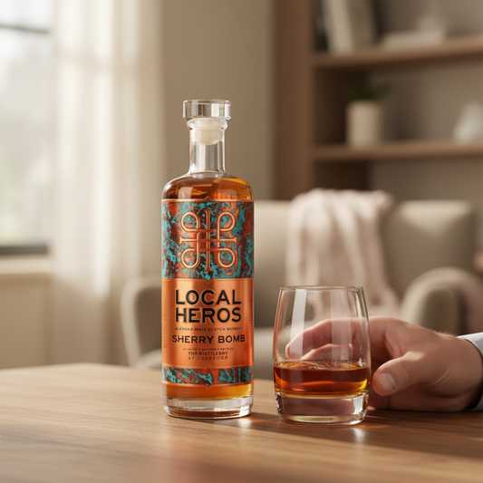 Schwarzbach Spirits Local Heros Sherry Bomb Blended Malt Scotch Whisky, 46% Vol. Rich, fruity, with notes of spice, honey, apple, cinnamon, dried fruit, and hazelnut.