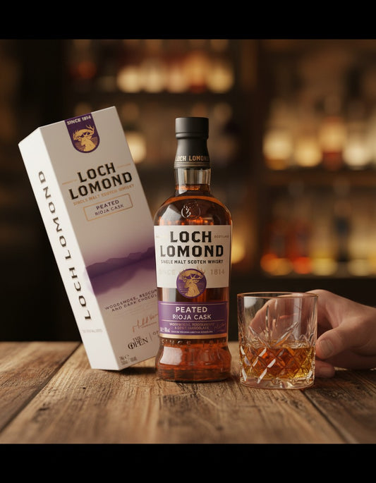 Schwarzbach Spirits Loch Lomond Peated Rioja Cask single malt Scotch whisky bottle and box. Amber liquid with purple and gold label.