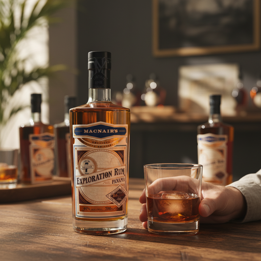 Schwarzbach Spirits MacNair’s Exploration Panama 7 Year Peated Rum, aged 7 years, 46% Vol., golden amber colour, peated notes with vanilla, caramel, tropical fruit.