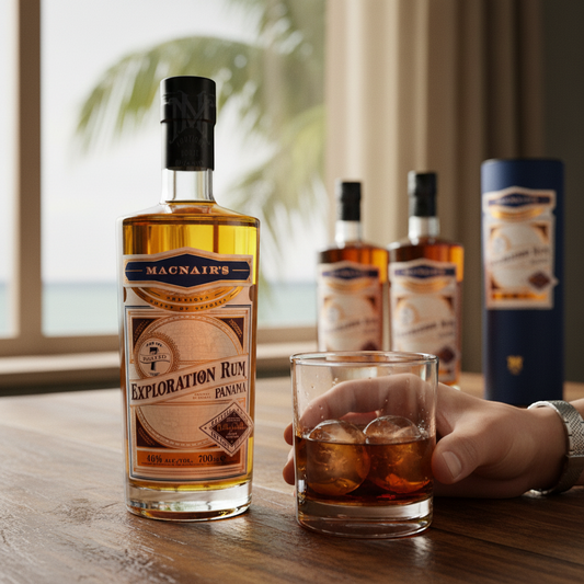 Schwarzbach Spirits MacNairs Exploration Panama 7 Year Peated Rum, 46% Vol. Aged rum with a golden amber color and smoky notes.