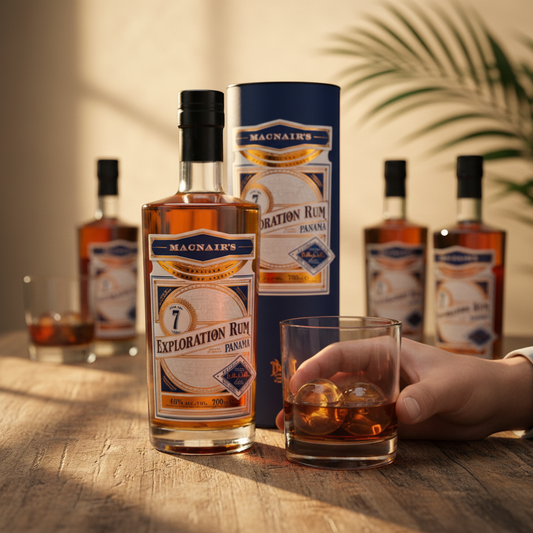 Schwarzbach Spirits MacNairs Exploration Panama 7 Year Old Rum, golden hue, 46% Vol. aged in oak barrels, tropical fruit and vanilla notes.