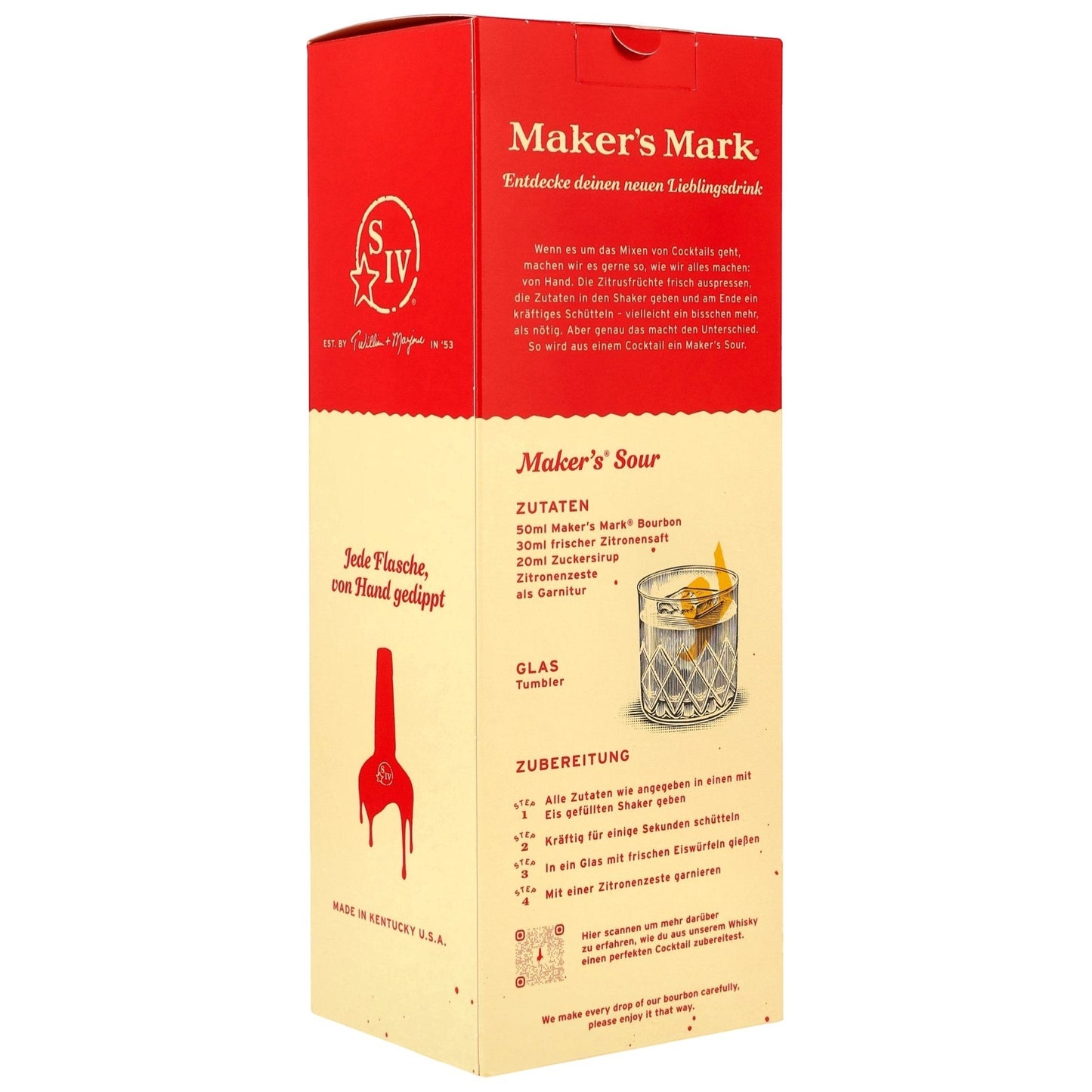 Schwarzbach Spirits Maker's Mark Kentucky Straight Bourbon mit Glas, 45% Vol. Rote Geschenkbox mit Rezept für Maker's Sour.