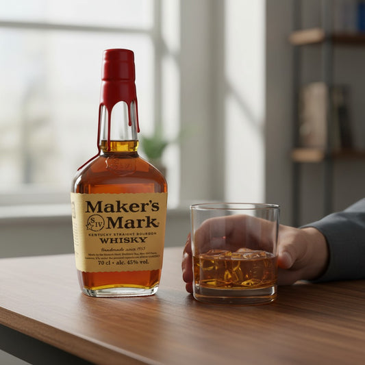 Schwarzbach Spirits: Maker's Mark Kentucky Straight Bourbon Whiskey mit 45% Vol. in einer Flasche mit rotem Wachssiegel und einem Glas mit Eiswürfeln.