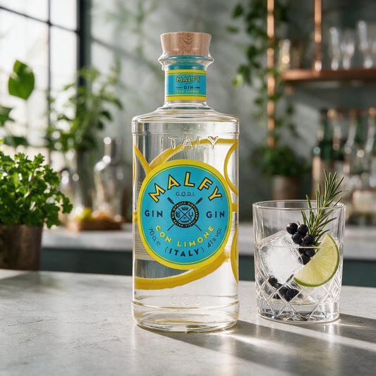 Schwarzbach Spirits Malfy Gin Con Limone Flasche mit Zitronenscheiben und Glas mit Wacholderbeeren auf Küchentheke