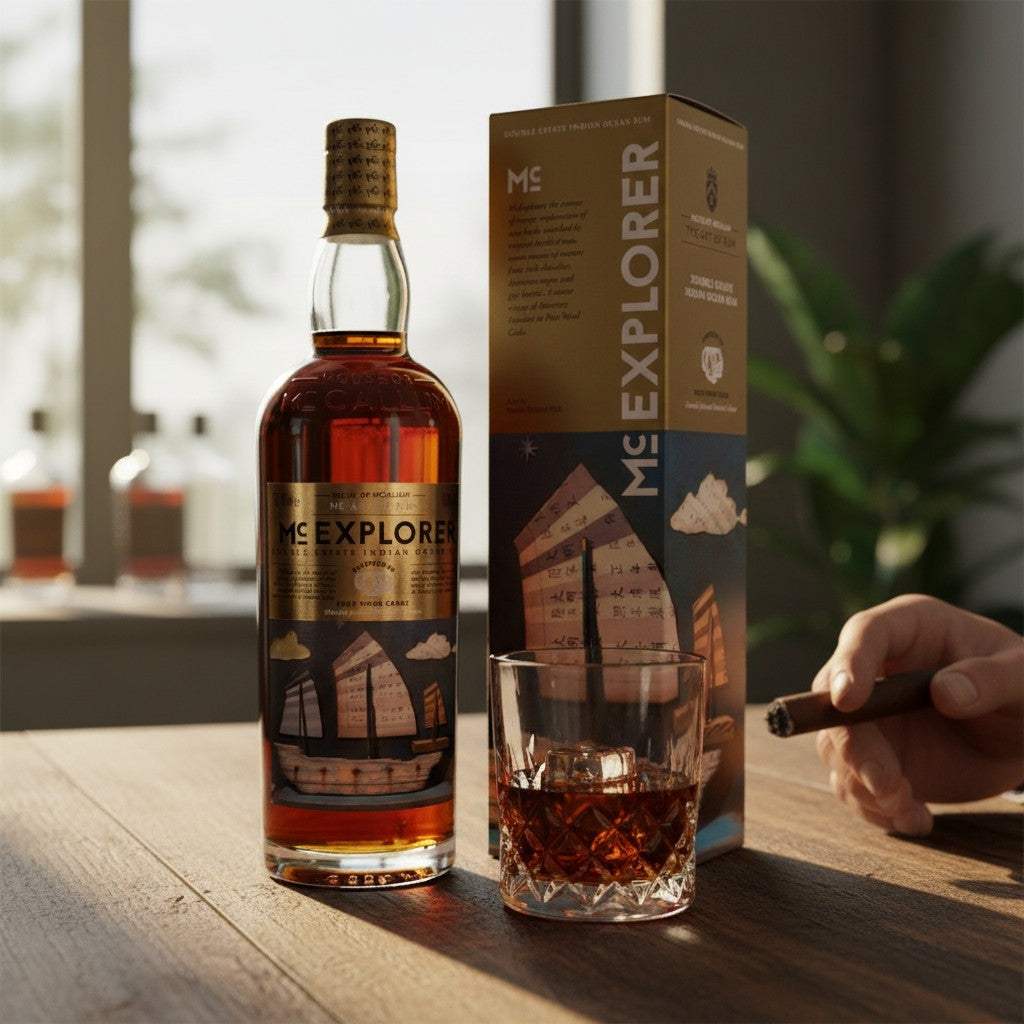 Schwarzbach Spirits Mc Explorer rum, double estate Indian Ocean, aged 10+ years, finished in port wood casks. Amber colour.