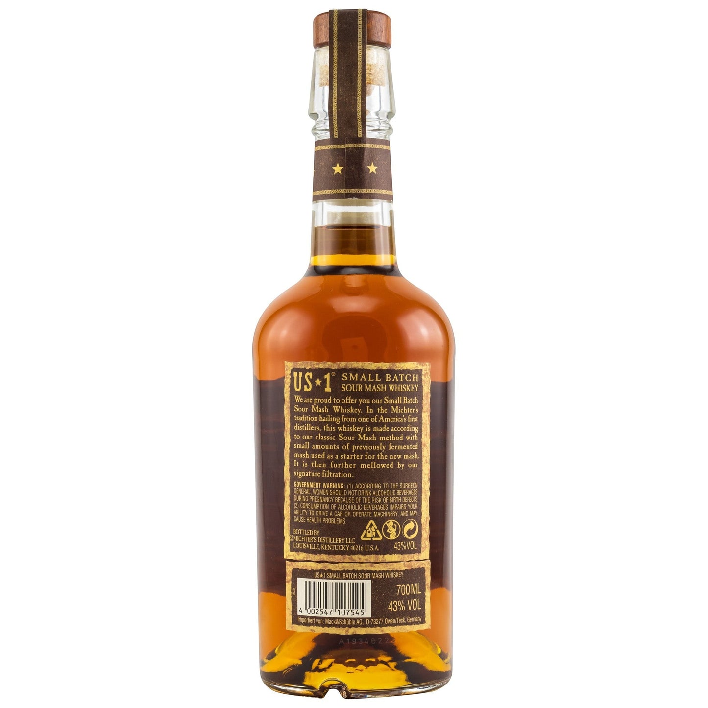 Schwarzbach Spirits Michter's US*1 Small Batch Sour Mash Whiskey, 700ml, 43% Vol. Amber liquid in a clear glass bottle with a brown label.