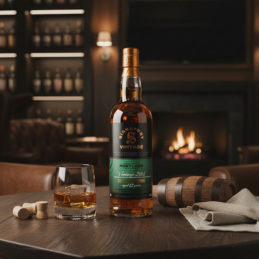 Schwarzbach Spirits bottle of Signatory Vintage Mortlach 12 Year Old Scotch Whisky with a glass and ice on a table.