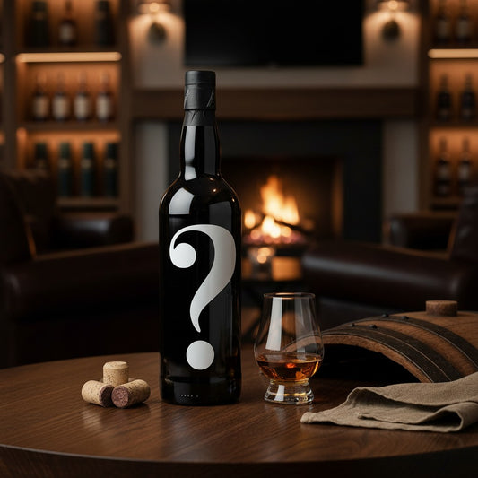 Schwarzbach Spirits Mystery Malt Series 6 Flasche mit Fragezeichen-Etikett und Whiskyglas auf einem Holztisch