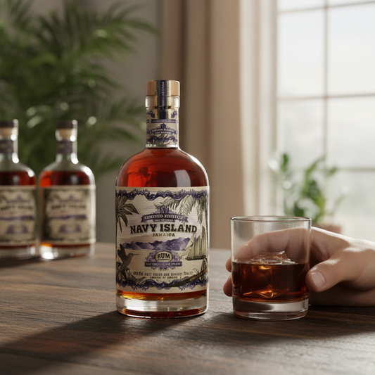 Schwarzbach Spirits Navy Island XO Reserve Sauternes Cask Finish 2025 Release Jamaica Rum, 46% Vol. Amber liquid in a glass bottle with ornate label and presentation tube.