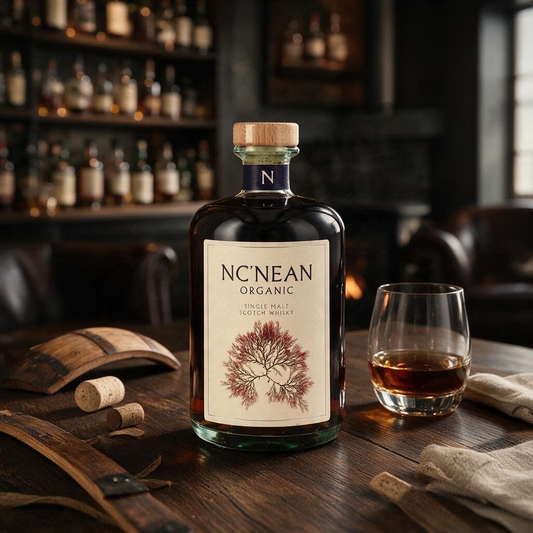 Schwarzbach Spirits Nc'nean 8 Jahre Single Malt Whisky in einer Flasche mit Oloroso Sherry Fass Finish auf Holztisch