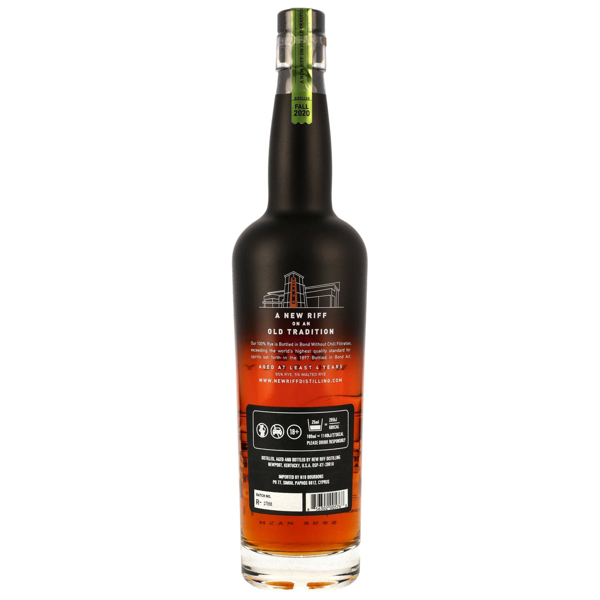 Schwarzbach Spirits New Riff Kentucky Straight Rye Whiskey Flaschenrückseite mit Bottled in Bond Etikett