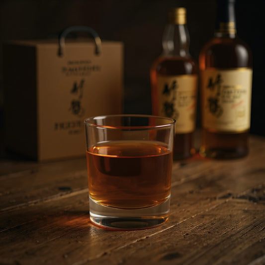 Schwarzbach Spirits Nikka Taketsuru Pure Malt Japanese whisky in a glass, with bottles and gift bag in background.