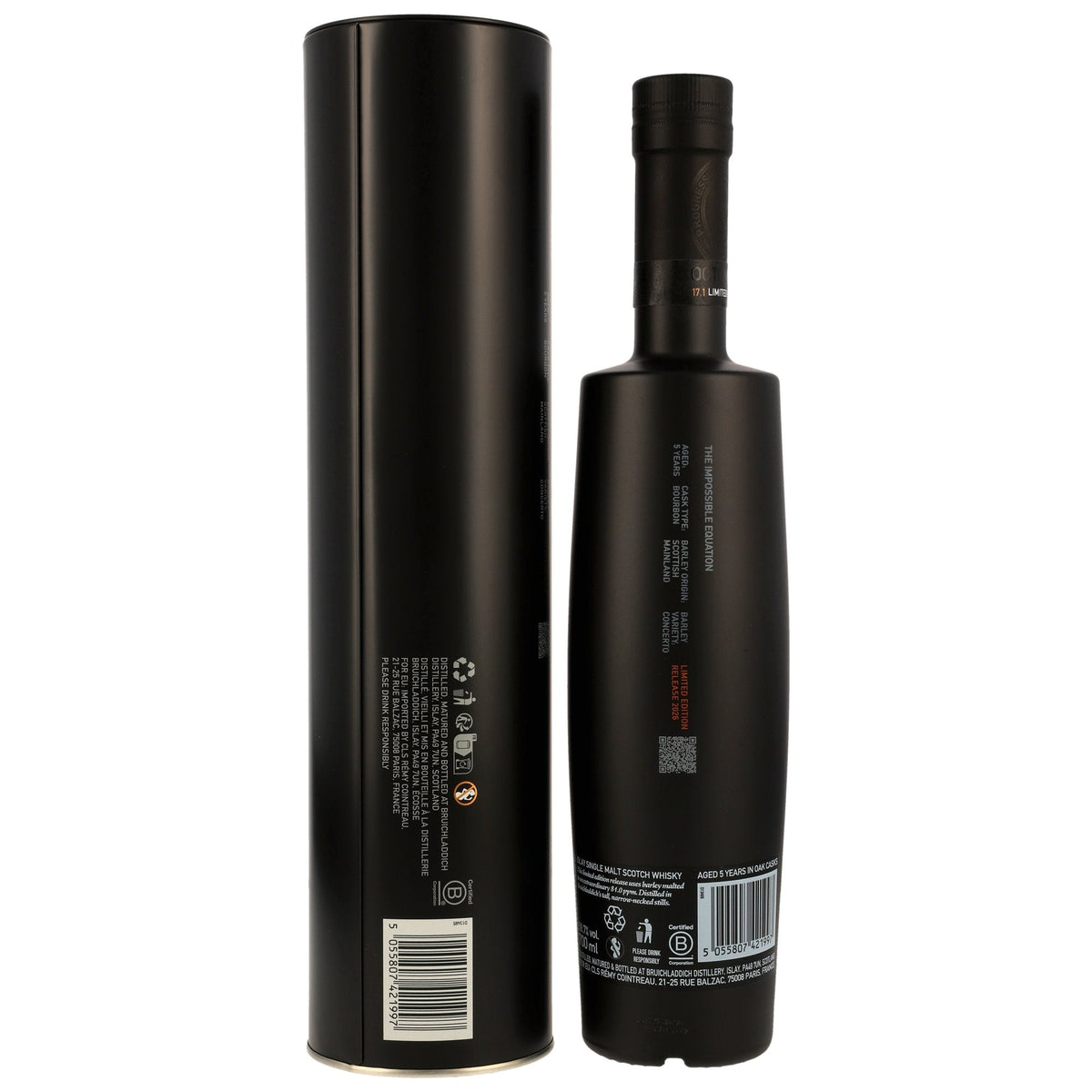 Schwarzbach Spirits Octomore 17.1 Islay Single Malt Whisky Flasche und schwarze Metalldose von hinten