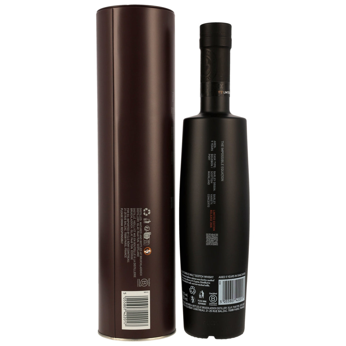 Schwarzbach Spirits Octomore 17.2 Islay Single Malt Whisky Flasche mit Metalldose, Rückansicht mit Etikettendetails