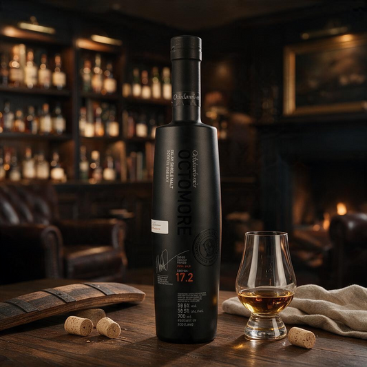 Schwarzbach Spirits Octomore 17.2 Islay Single Malt Whisky in schwarzer Flasche mit Glas auf einem Holztisch