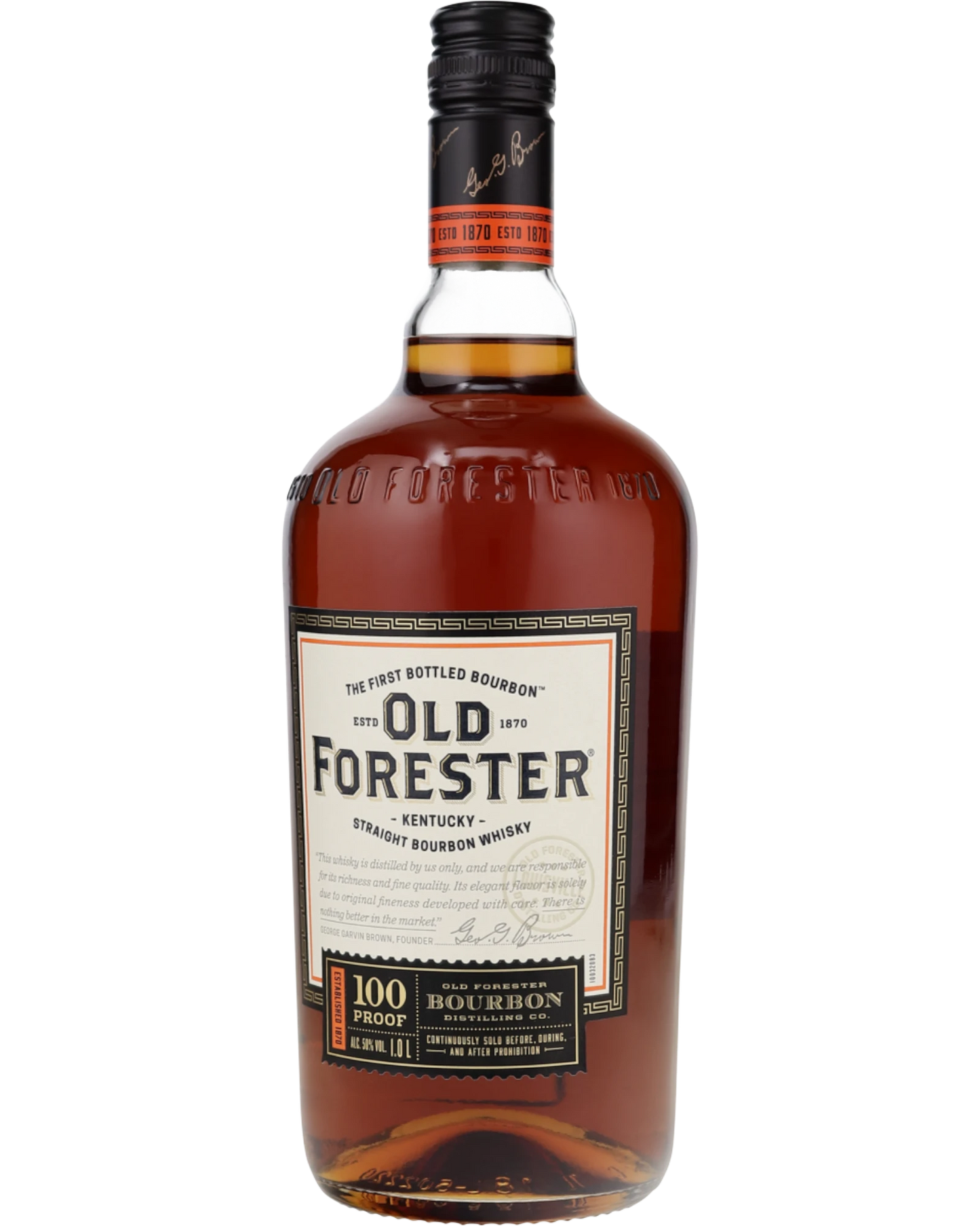 Schwarzbach Spirits Old Forester 100 Proof Kentucky Straight Bourbon Whisky, 50% Vol., 1L Flasche mit bernsteinfarbener Flüssigkeit.