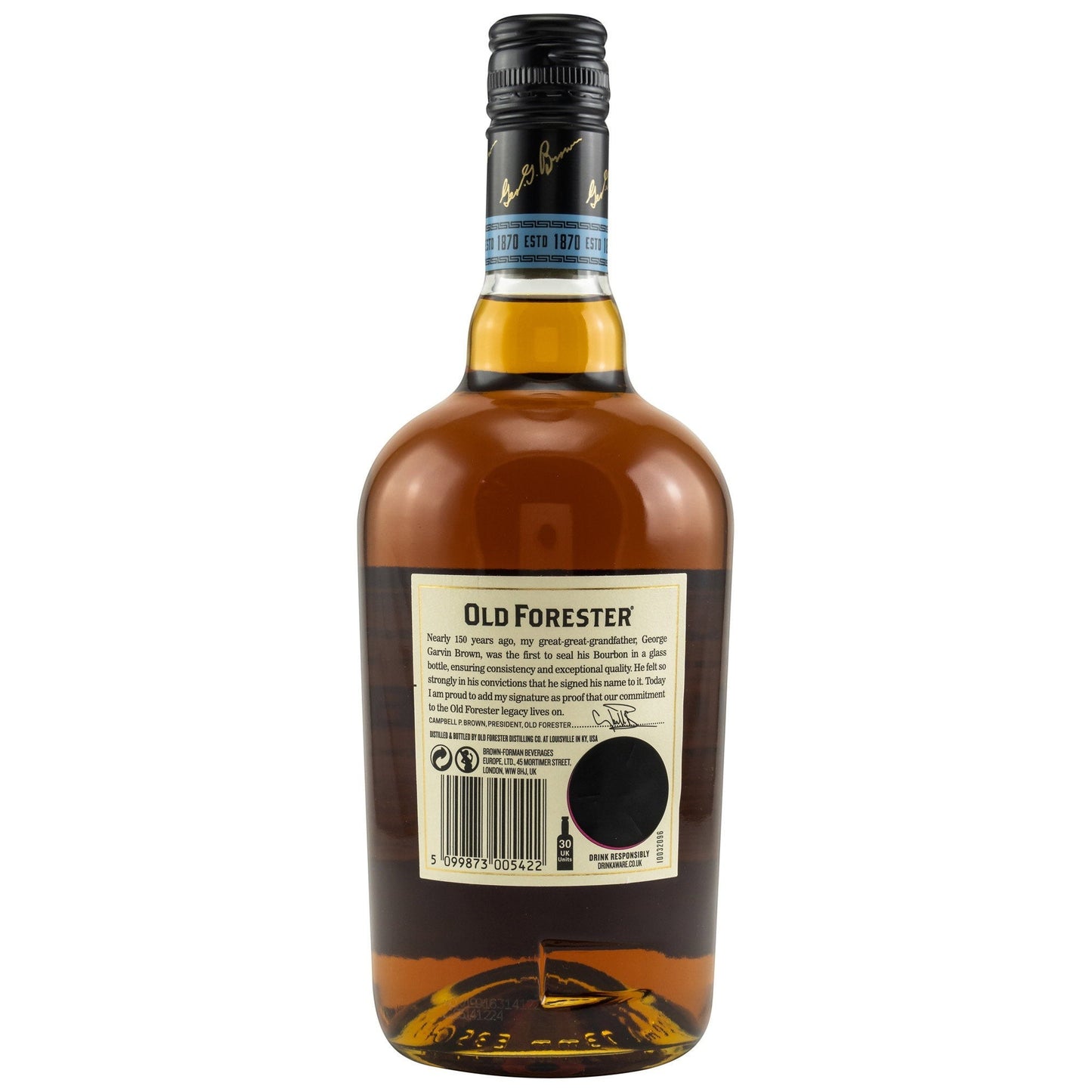 Schwarzbach Spirits Old Forester Kentucky Straight Bourbon 43% Vol. in Glasflasche mit schwarzem Etikett und goldener Schrift.