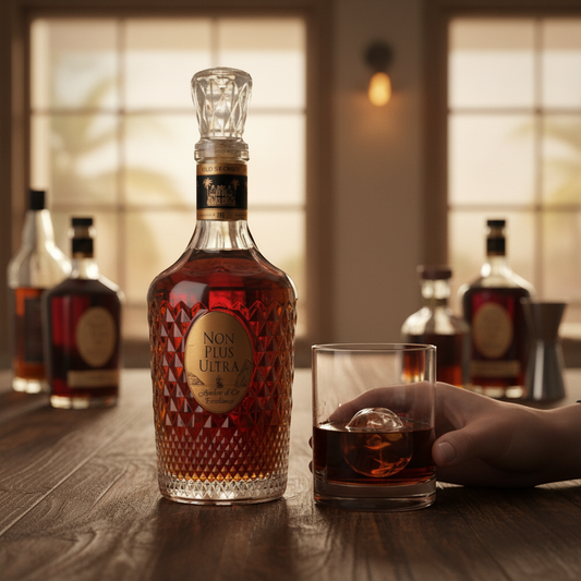 Schwarzbach Spirits Old St. Croix Non Plus Ultra Ambre d'Or Excellence rum, 42% Vol. amber-colored spirit in a decorative bottle with a crystal stopper.