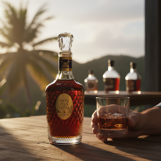 Schwarzbach Spirits Old St. Croix Non Plus Ultra La Galante rum, 43.4% Vol. Rich amber colour, diamond-cut glass bottle with ornate label.