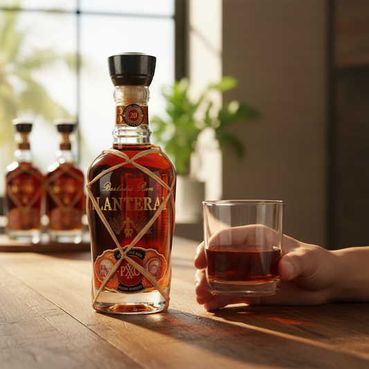 Schwarzbach Spirits Planteray PXXO 20th Anniversary Rum, a rich amber Barbados rum aged in PX Sherry casks. Features tropical fruit and vanilla notes.
