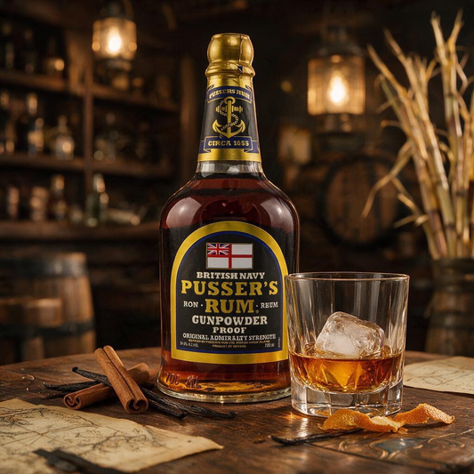 Schwarzbach Spirits Pusser's Gunpowder Proof Rum Flasche mit Glas auf Holztisch in rustikaler Bar-Umgebung