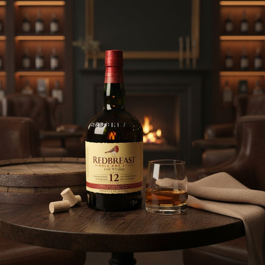 Schwarzbach Spirits Redbreast 12 Year Old Single Pot Still Irish Whiskey bottle with a glass on a wooden table.
