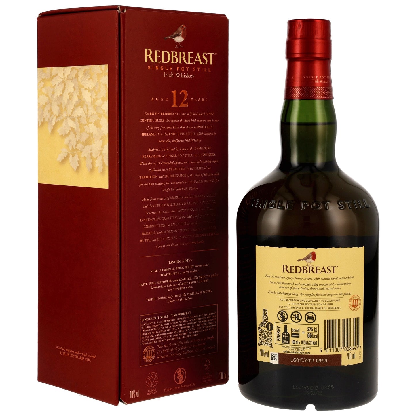 Schwarzbach Spirits Redbreast 12 Year Old Single Pot Still Irish Whiskey bottle and its red cardboard packaging box.