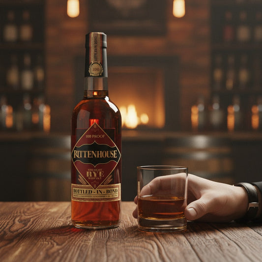 Schwarzbach Spirits Rittenhouse Straight Rye Bottled-in-Bond Whiskey, 50% Vol., mit würzigen Noten von Nelken, Zimt und Eiche.