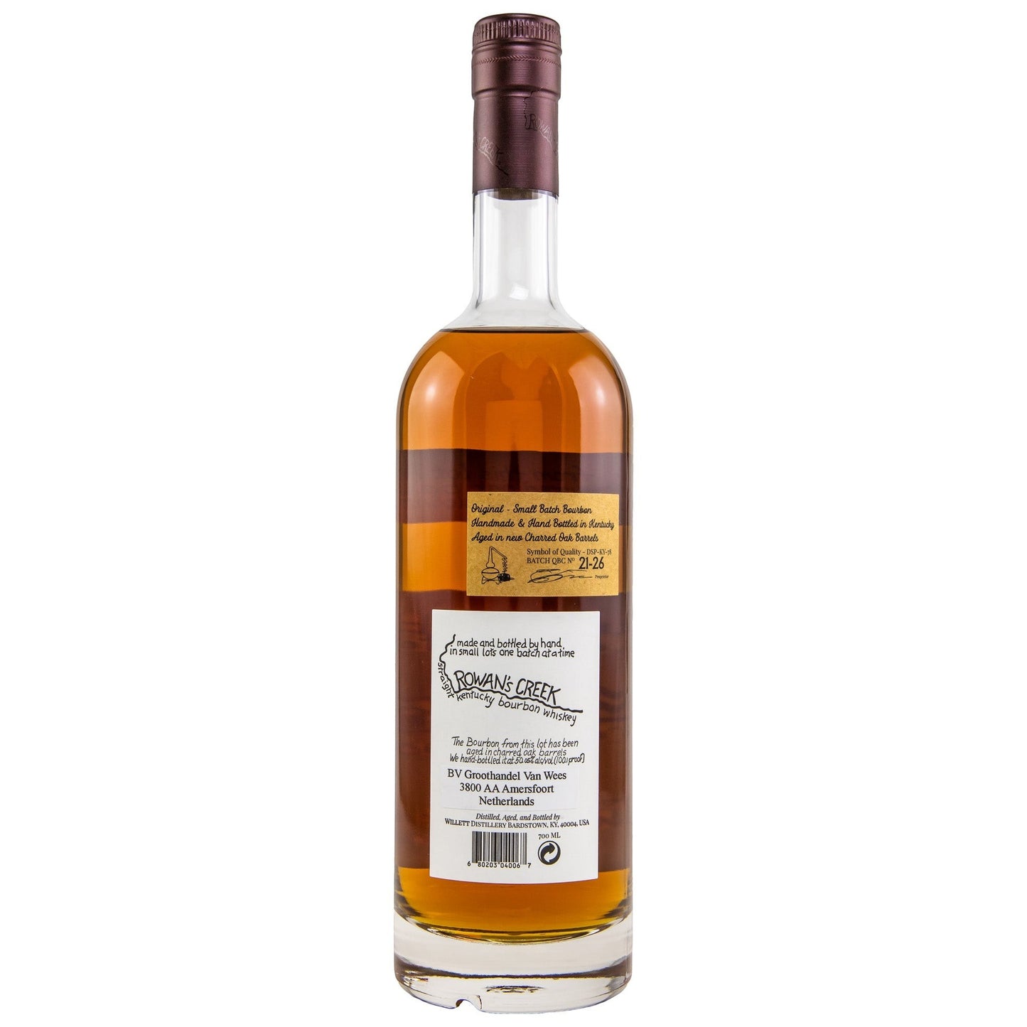Schwarzbach Spirits Rowan's Creek Small Batch Bourbon, 50.05% Vol., 700ml. Unfiltered, no added color. Aged in new charred oak barrels.