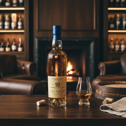 Schwarzbach Spirits Royal Brackla 18 Jahre Whisky mit Glas auf einem Holztisch vor einem Kamin in einer Bar.