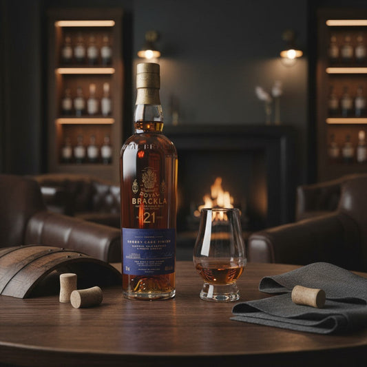 Schwarzbach Spirits Royal Brackla 21 Jahre Whisky Flasche mit Glas auf Holztisch vor einem Kamin