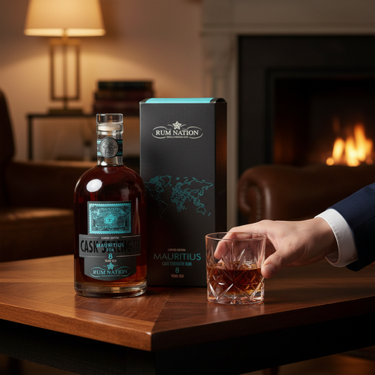 Schwarzbach Spirits Rum Nation Mauritius 8 Years Cask Strength rum, amber color, 54.9% vol, aged in bourbon casks.