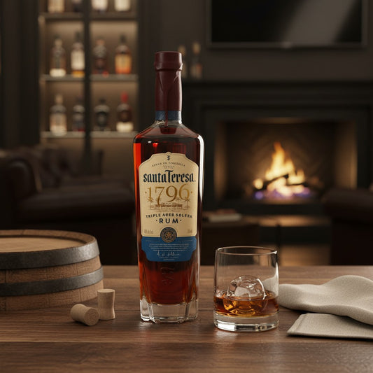 Schwarzbach Spirits Santa Teresa 1796 Solera Rum bottle with glass of rum on ice on a wooden table by a fireplace.