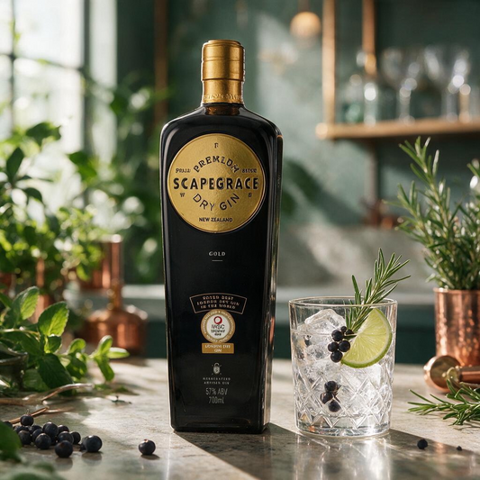 Schwarzbach Spirits Scapegrace Gold Gin Flasche mit 57% Vol. neben einem Glas mit Eis, Limette und Wacholderbeeren.
