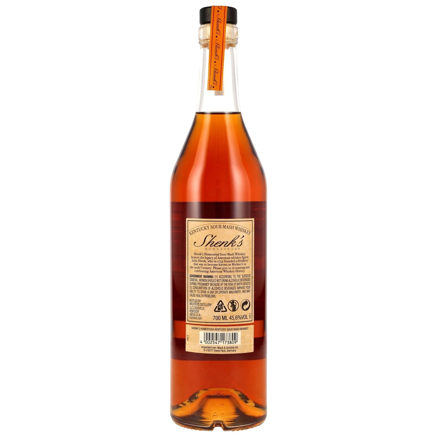 Schwarzbach Spirits SHENK'S Homestead Sour Mash Whiskey in Mahagoniton, 45,6% Vol. mit beige-schwarzem Etikett.