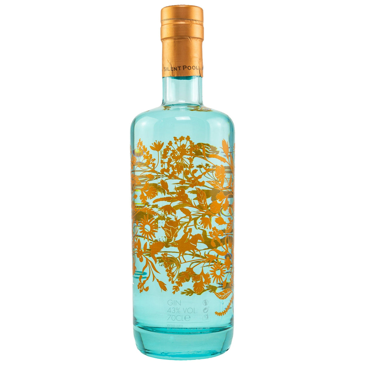 Schwarzbach Spirits Silent Pool Gin in einer türkisfarbenen Glasflasche mit goldenen floralen Illustrationen