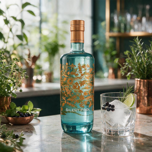 Schwarzbach Spirits Silent Pool Gin in türkisfarbener Flasche mit goldenem Blumenmuster neben einem Glas mit Eis