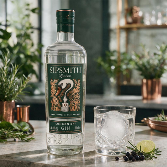 Schwarzbach Spirits Sipsmith London Dry Gin Flasche mit Schwanenetikett neben einem Glas mit Eis und Limette