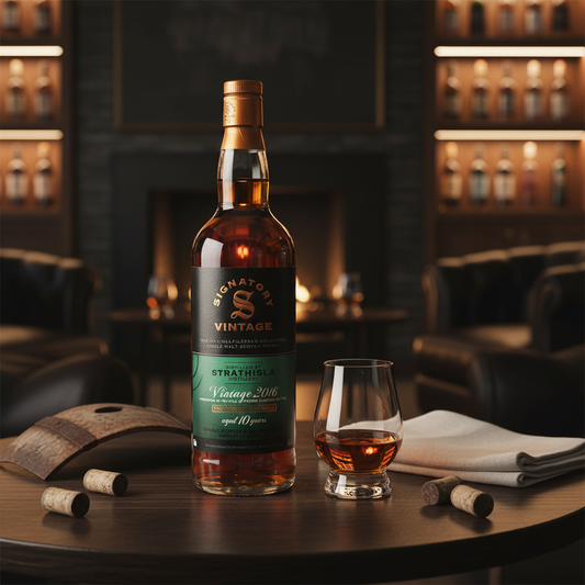 Schwarzbach Spirits bottle of Signatory Vintage Strathisla 10 Year Old whisky with a glass on a wooden table.