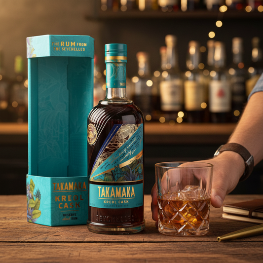Schwarzbach Spirits Takamaka Kreol Cask Reserve Dark Rum bottle with teal and gold label, 40.3% Vol.