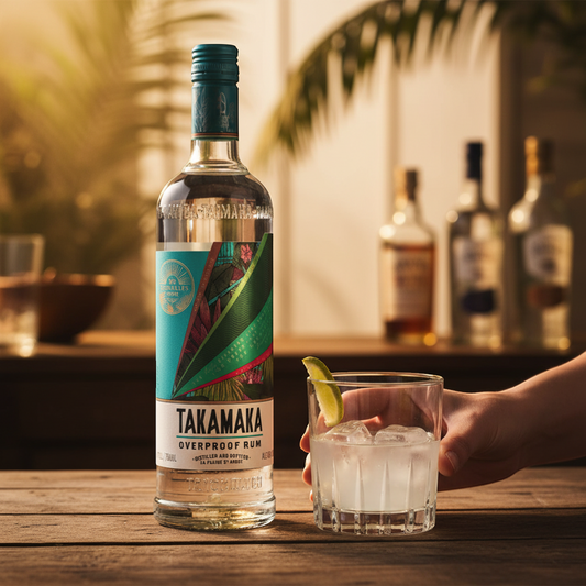 Schwarzbach Spirits Takamaka Overproof Rum, 69% Vol., clear rum with tropical label design, 700ml bottle.