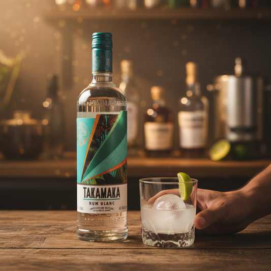 Schwarzbach Spirits Takamaka Rum Blanc, a clear spirit with a tropical label featuring palm leaves and geometric patterns. 40.2% ABV, 700ml.