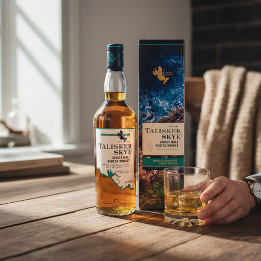 Schwarzbach Spirits Talisker Skye Single Malt Scotch Whisky bottle and box. Amber liquid, 45.8% Vol., 700ml.