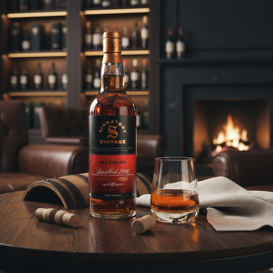Schwarzbach Spirits Teaninich 10 Jahre Single Malt Whisky mit PX Sherry Finish in einer Flasche neben einem Glas auf Holz