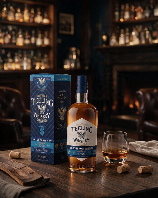 Schwarzbach Spirits Teeling Small Batch Santa Teresa 1796 Whiskey Flasche mit Geschenkverpackung und Glas auf Holztisch