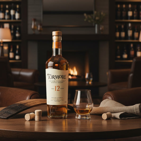 Schwarzbach Spirits Tormore 12 Jahre Single Malt Whisky Flasche mit Glas auf einem Holztisch vor einem Kamin