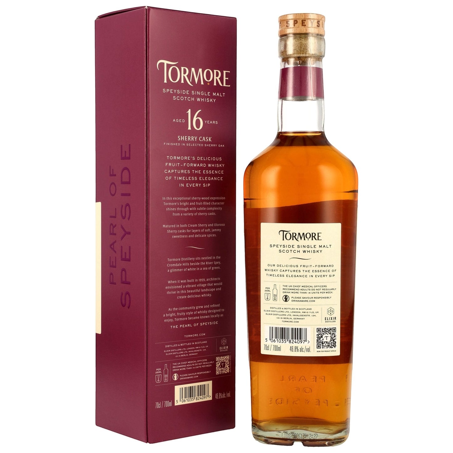 Schwarzbach Spirits Tormore 16 Jahre Single Malt Whisky Flasche mit dunkler Geschenkverpackung und Sherryfass-Finish