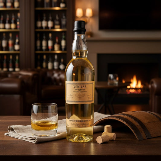 Schwarzbach Spirits Veritas white blended rum bottle with a glass of rum and a small barrel on a wooden table.