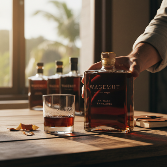 Schwarzbach Spirits Wagemut PX-Cask Barbados rum, aged 10 years in bourbon casks and finished in Pedro Ximénez sherry casks. Amber colour, notes of dried fruit, raisins, toffee, vanilla, berries, and spice.