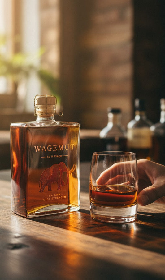 Schwarzbach Spirits WAGEMUT PX Cask Strength Rum mit 58,7% Vol. in einer orangefarbenen Flasche mit Mammut-Illustration.